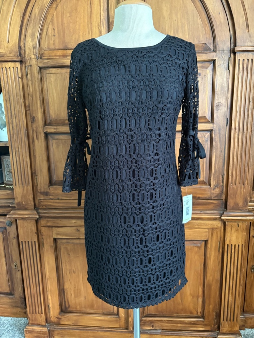 NWT R&K Black Crochet Sheath Dress with Boho Tie-Sleeve Detail